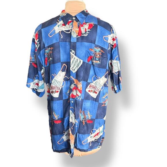 Vintage Campia Moda BBQ Shirt XL Blue Checked Grill Apron Print Rayon Boxy Camp - Picture 9 of 9